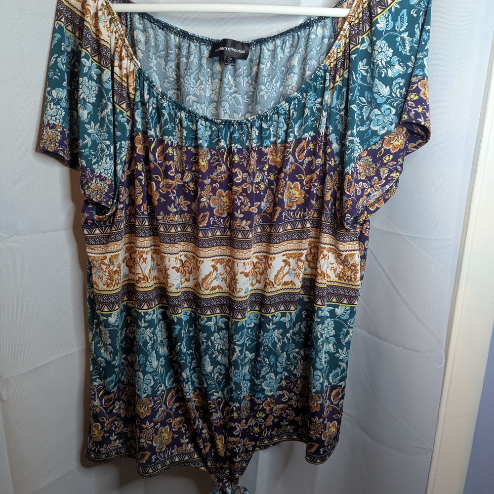 Bohemian Floral Women's Blouse - Teal and Gold